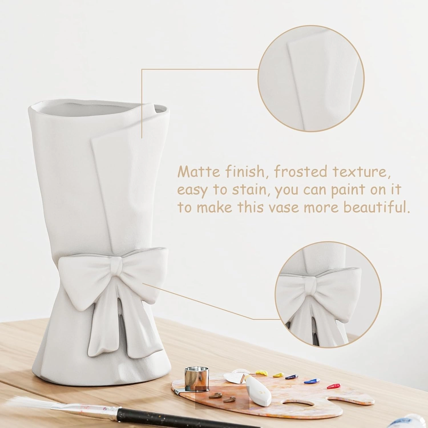 White Ceramic Bow Vase Unique Cute Decorative Bouquet Flower Vases 9.64 in