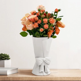 White Ceramic Bow Vase Unique Cute Decorative Bouquet Flower Vases 9.64 in