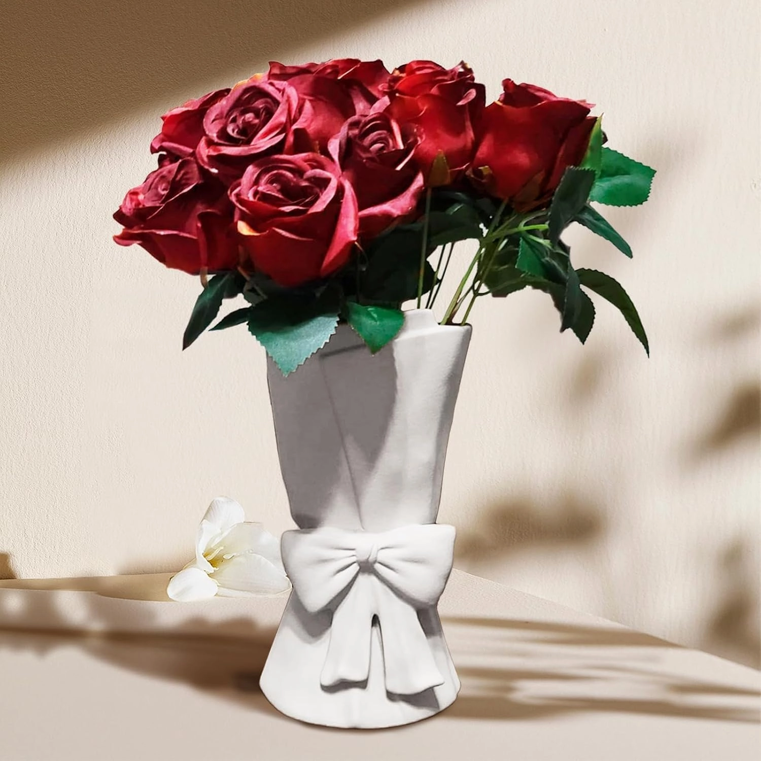 White Ceramic Bow Vase Unique Cute Decorative Bouquet Flower Vases 9.64 in