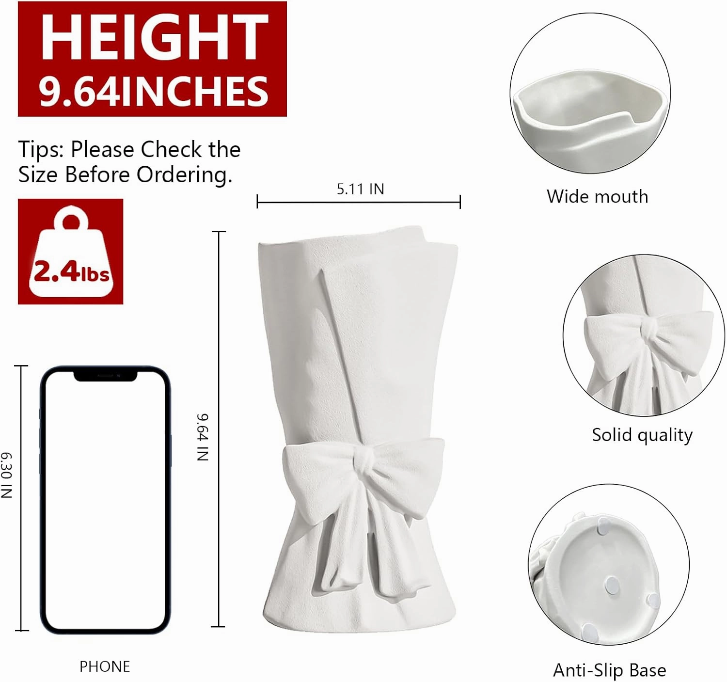 White Ceramic Bow Vase Unique Cute Decorative Bouquet Flower Vases 9.64 in
