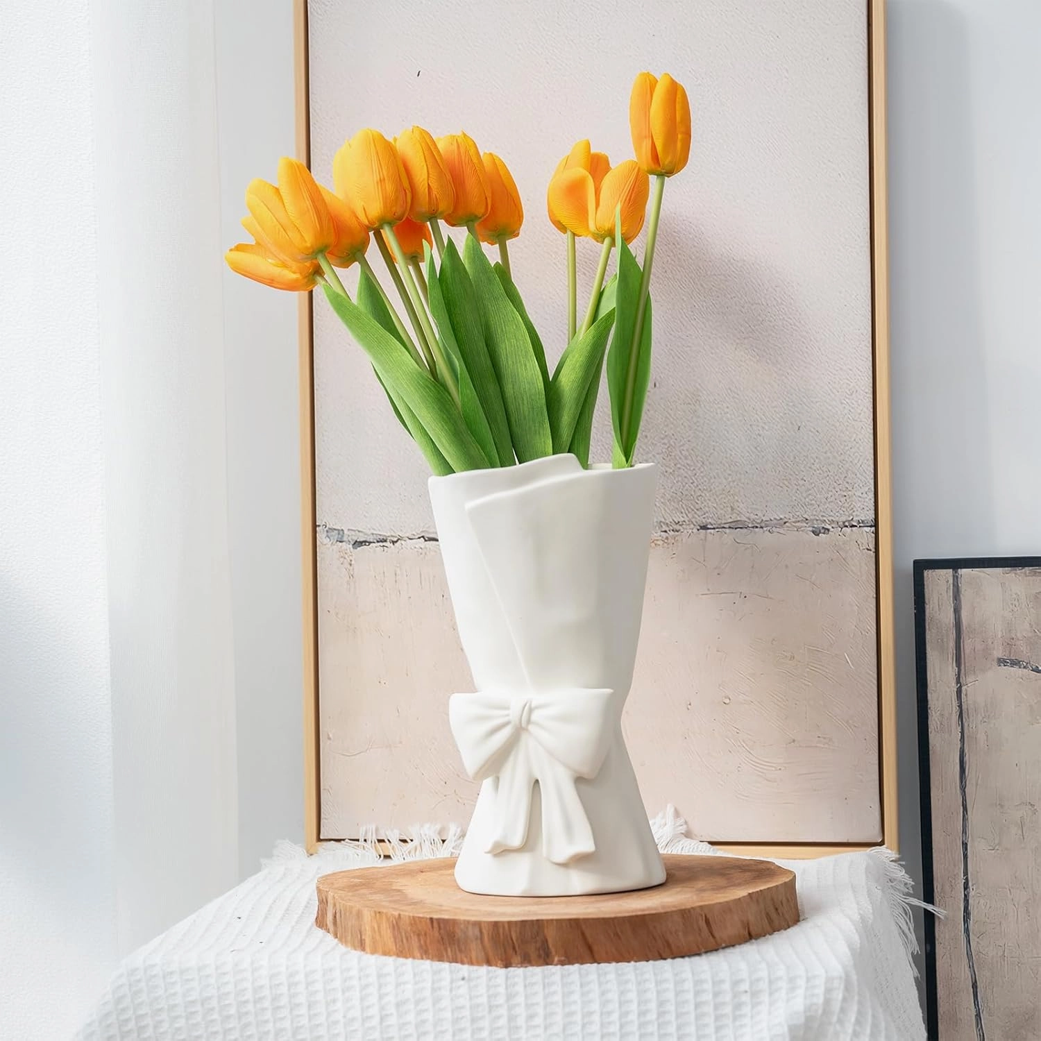 White Ceramic Bow Vase Unique Cute Decorative Bouquet Flower Vases 9.64 in