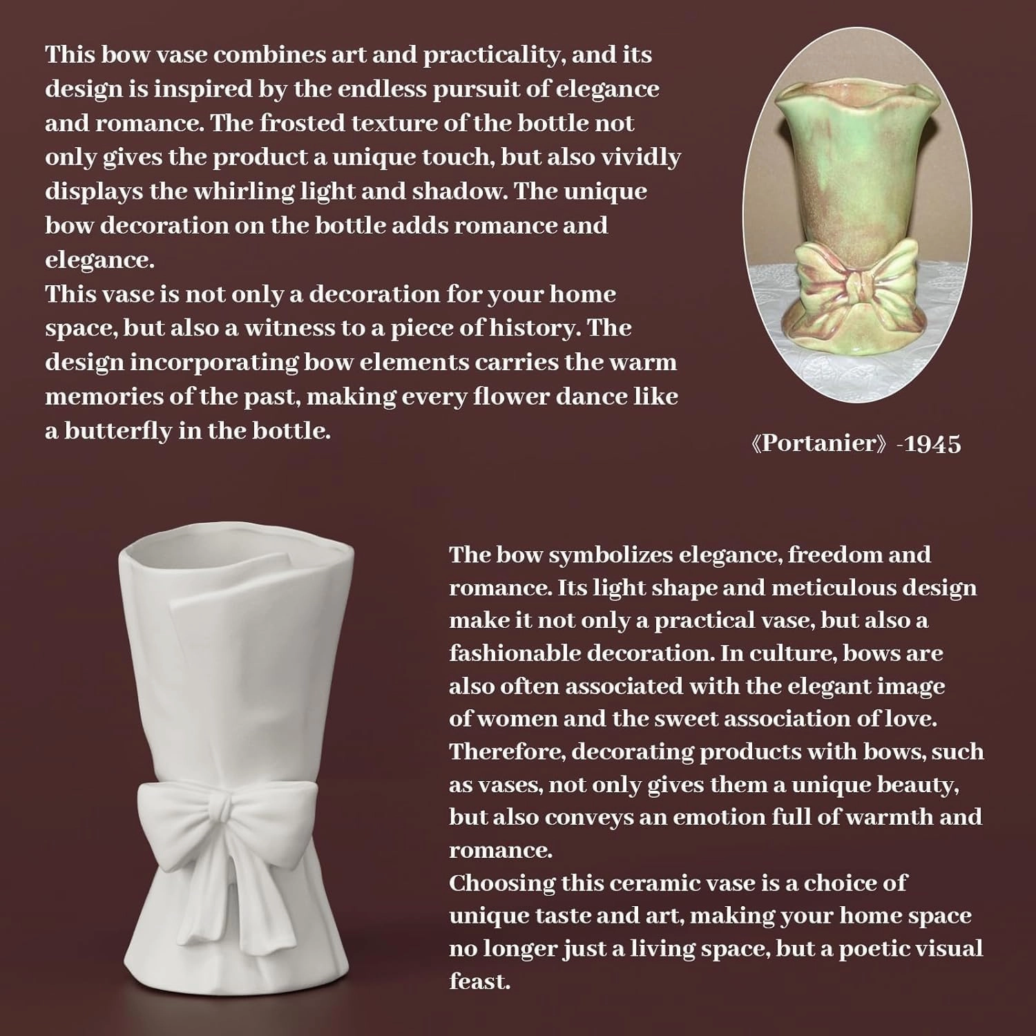 White Ceramic Bow Vase Unique Cute Decorative Bouquet Flower Vases 9.64 in