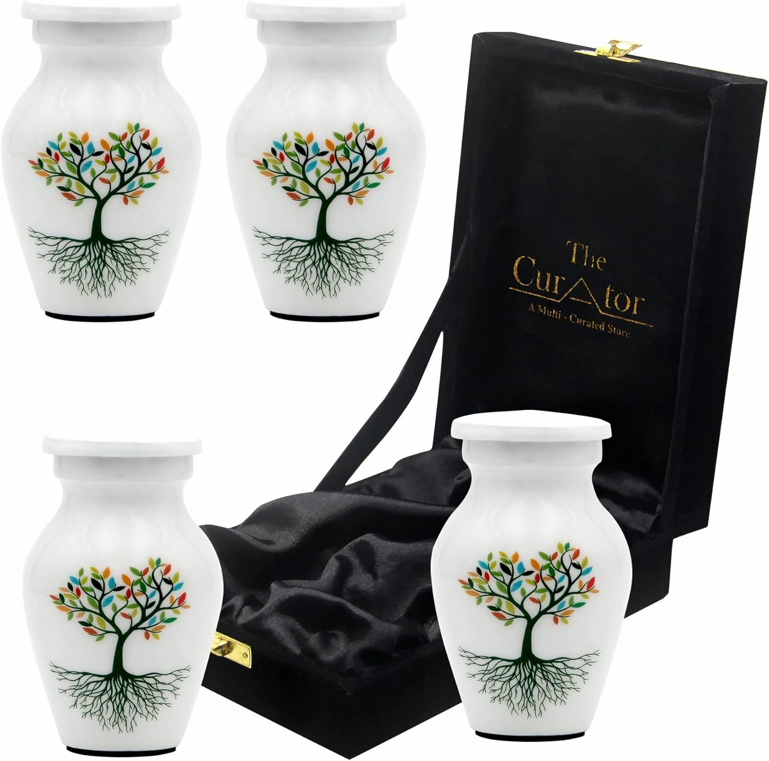 White Small Urn for Human Ashes - Set of 4 Cremation Urns for Adult Ashes - Mini Keepsake Burial Urn for Male, Female - Decorative Urns with Velvet Box & Bag - Funeral Urn Ashes for Loved Ones Remains