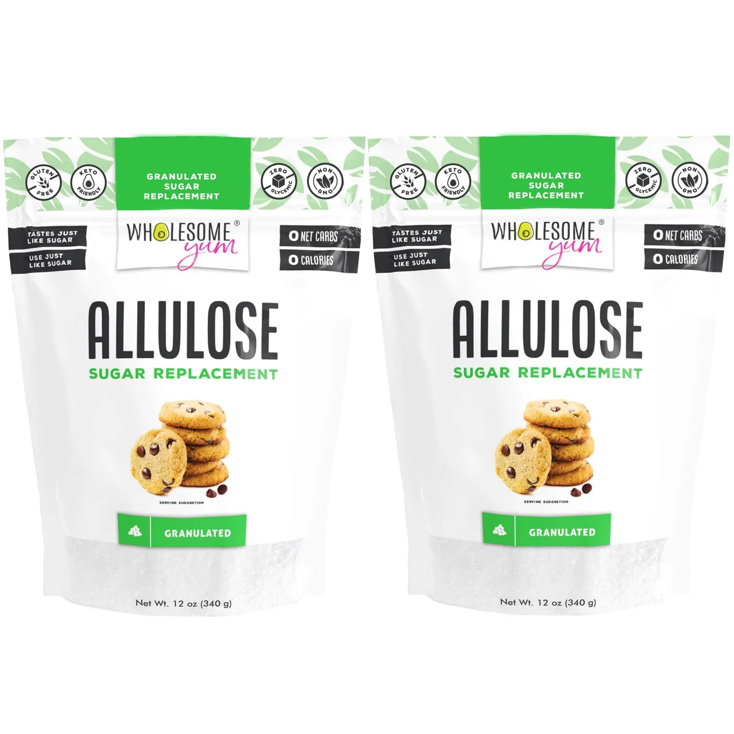 Wholesome Yum Allulose Sweetener - Natural Granulated Sugar Substitute - Keto, Non GMO, Zero Carb, Zero Calorie, Sugar Free, No Aftertaste, Tummy Friendly - Granular Sugar Replacement (12 oz, 2 Pack)