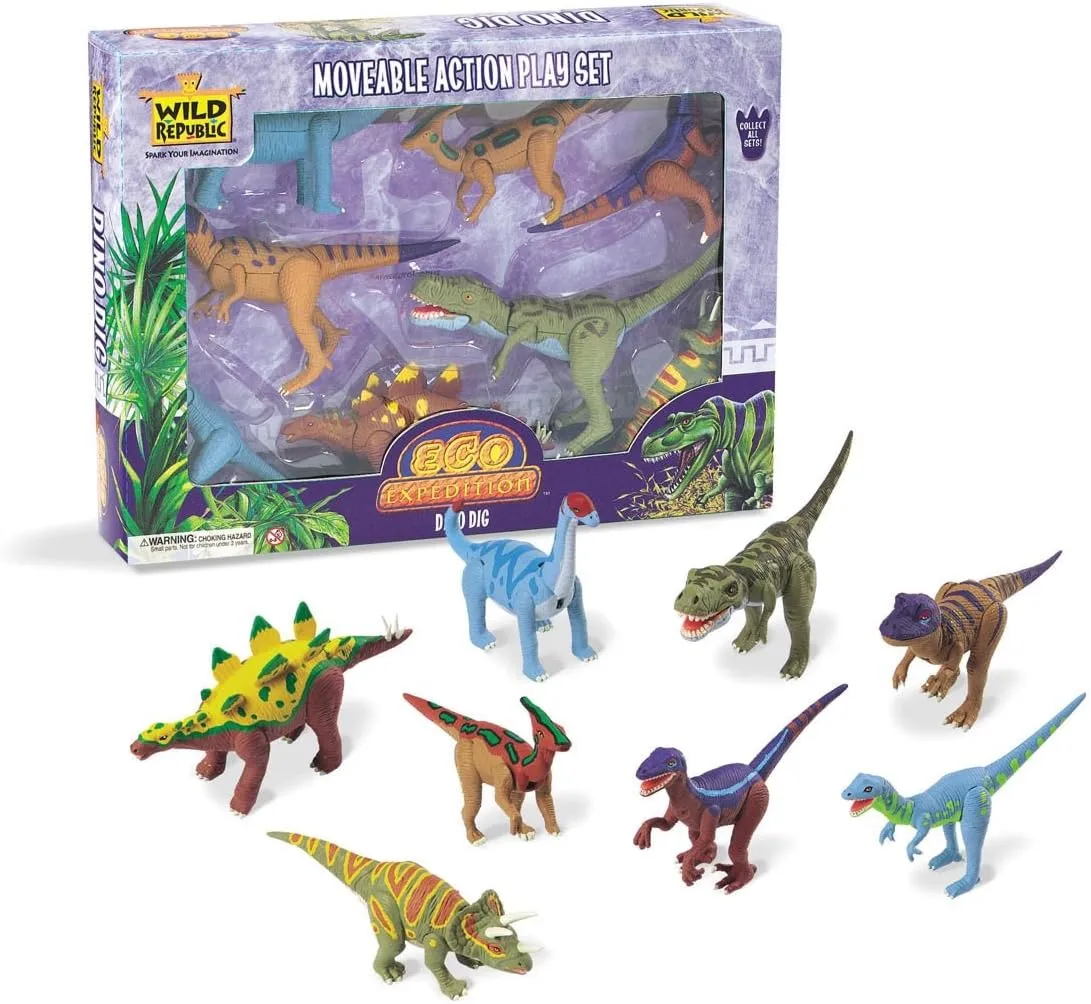 Wild Republic Dino Eco Expedition, T-Rex, Brachiosaurus, Parasaurolophus, Velociraptor, Allosaurus, Dilophosaurus, Stegosaurus, and Triceratops 8 piece Set