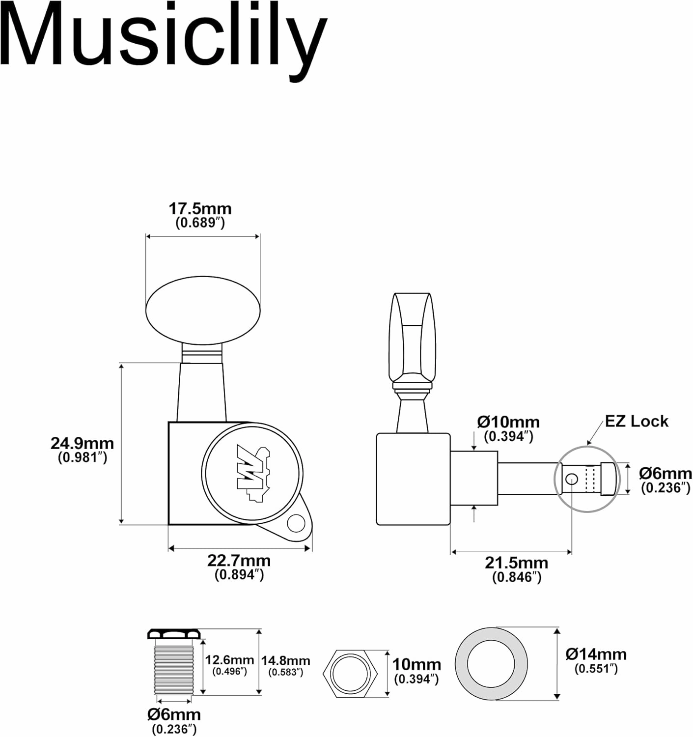 Wilkinson 6-in-line E-Z-LOK Mini Oval Button Guitar Tuners Machine Heads Tuning Pegs Keys Set for Fender Strat/Tele Electric Guitar, Chrome