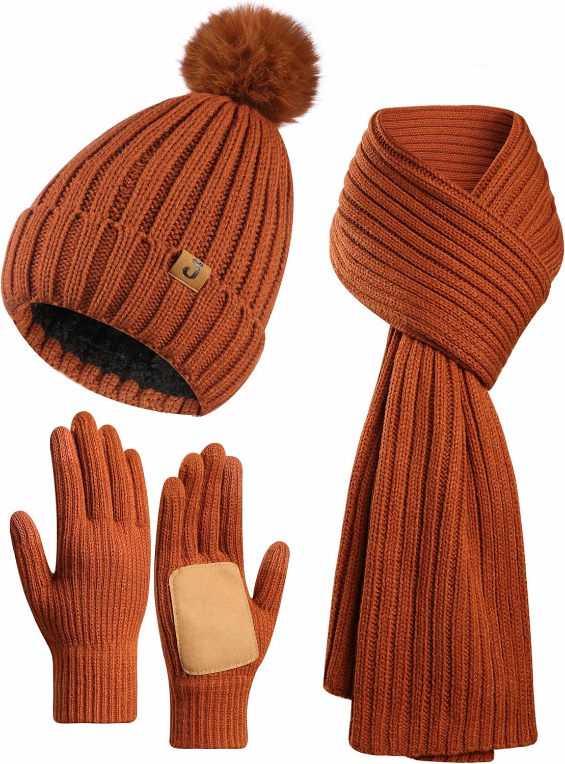 Winter Beanie Warm Hat Long Scarf Touchscreen Glove Set with Pom Pom Neck Warmer Scarves for Women