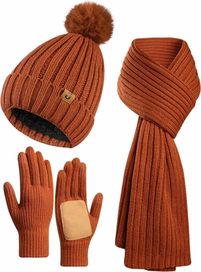 Winter Beanie Warm Hat Long Scarf Touchscreen Glove Set with Pom Pom Neck Warmer Scarves for Women
