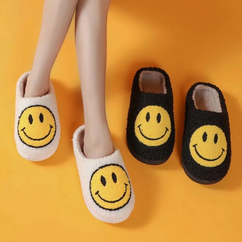 Winter Women Smiley Pattern Fur Fluffy Slides Slippers
