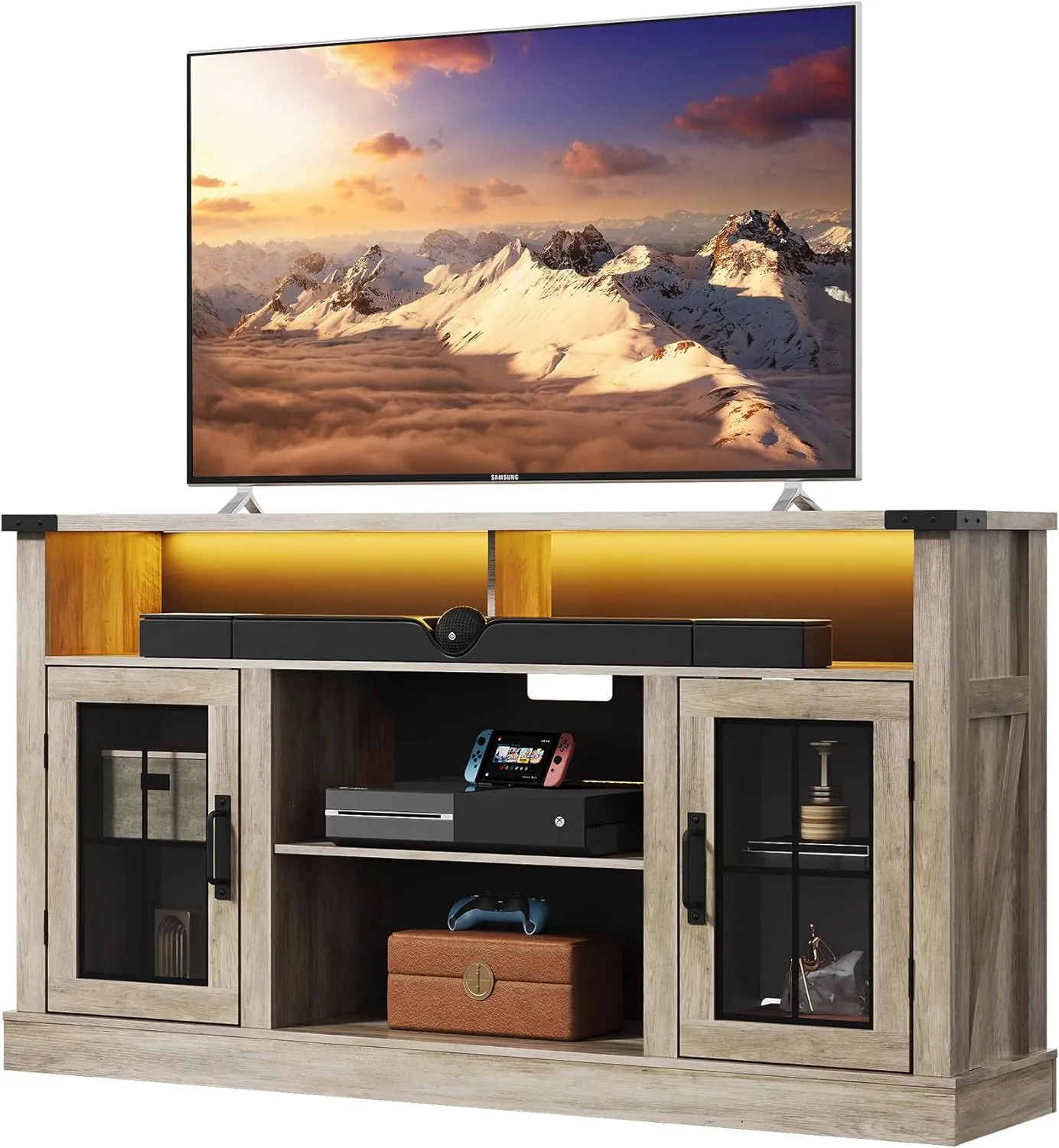 WLIVE Farmhouse TV Stand for 65 Inch TV, Tall Entertainment Center with LED Lights, Mid Century Modern TV Console wirh Open Shelves and Glass Cabinet Doors for Living Room and Bedroom, Gray Oak