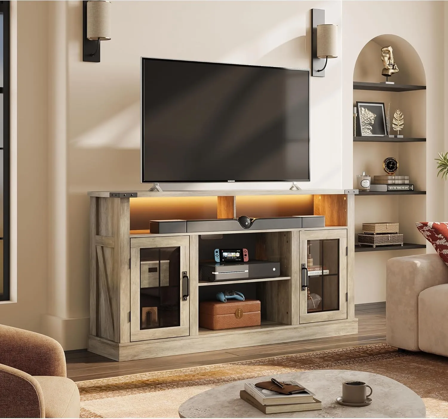 WLIVE Farmhouse TV Stand for 65 Inch TV, Tall Entertainment Center with LED Lights, Mid Century Modern TV Console wirh Open Shelves and Glass Cabinet Doors for Living Room and Bedroom, Gray Oak