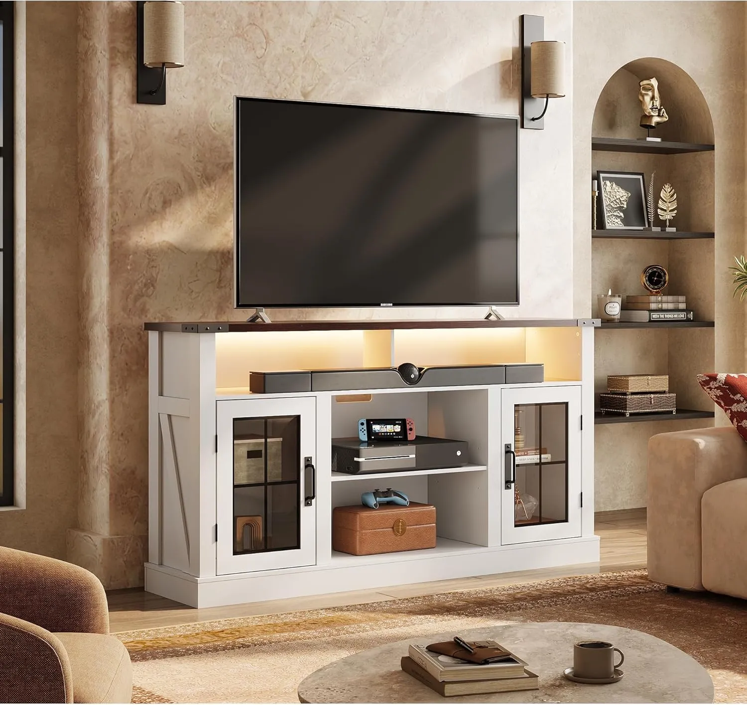 WLIVE Farmhouse TV Stand for 65 Inch TV, Tall Entertainment Center with LED Lights, Mid Century Modern TV Console wirh Open Shelves and Glass Cabinet Doors for Living Room and Bedroom, White