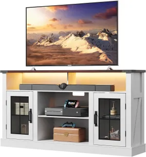 WLIVE Farmhouse TV Stand for 65 Inch TV, Tall Entertainment Center with LED Lights, Mid Century Modern TV Console wirh Open Shelves and Glass Cabinet Doors for Living Room and Bedroom, White
