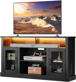 WLIVE Farmhouse TV Stand for 65 Inch TV, Tall Entertainment Center with LED Lights, Mid Century Modern TV Console with Open Shelves and Glass Cabinet Doors for Living Room and Bedroom, Black