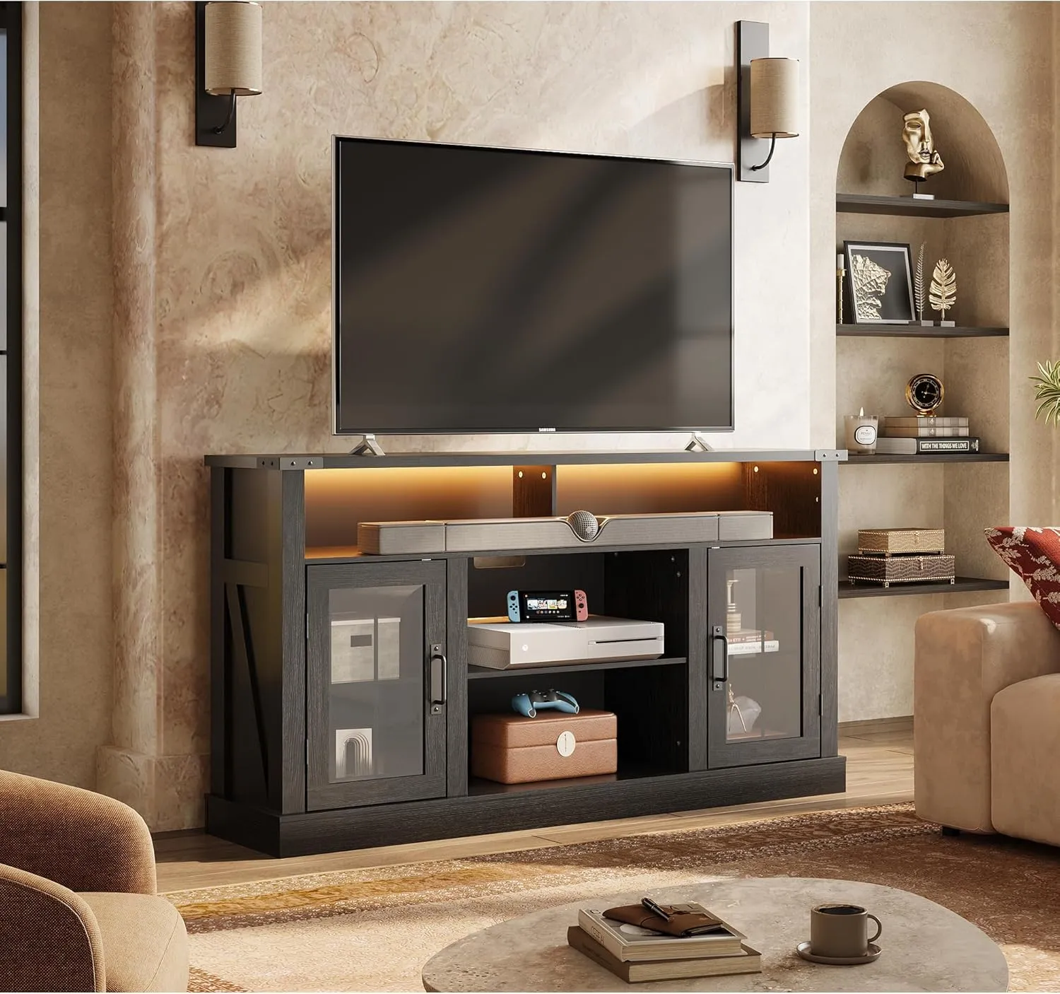 WLIVE Farmhouse TV Stand for 65 Inch TV, Tall Entertainment Center with LED Lights, Mid Century Modern TV Console with Open Shelves and Glass Cabinet Doors for Living Room and Bedroom, Black