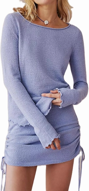 Women's 2 Piece Outfits Sweater Set Long Sleeve Knit Lettuce Hem Tops and Sides Cinch Tie Mini Skirt Lounge Sets