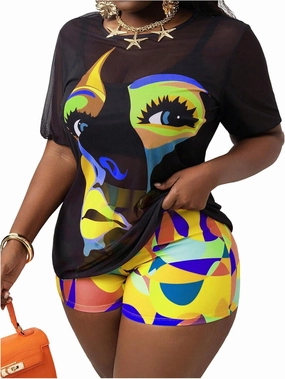Women's 3 Piece Plus Size Swimsuit Tankini Shorts Set High Waisted Bathing Suit Graphic Beachwear with Mesh Cover Up