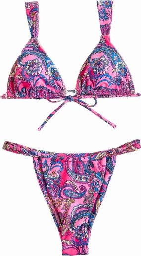 Women's High Waisted Bikini Set Floral Print Spaghetti Strap Smocked Wireless Bathing Suit Swimsuit 2 Piece Set