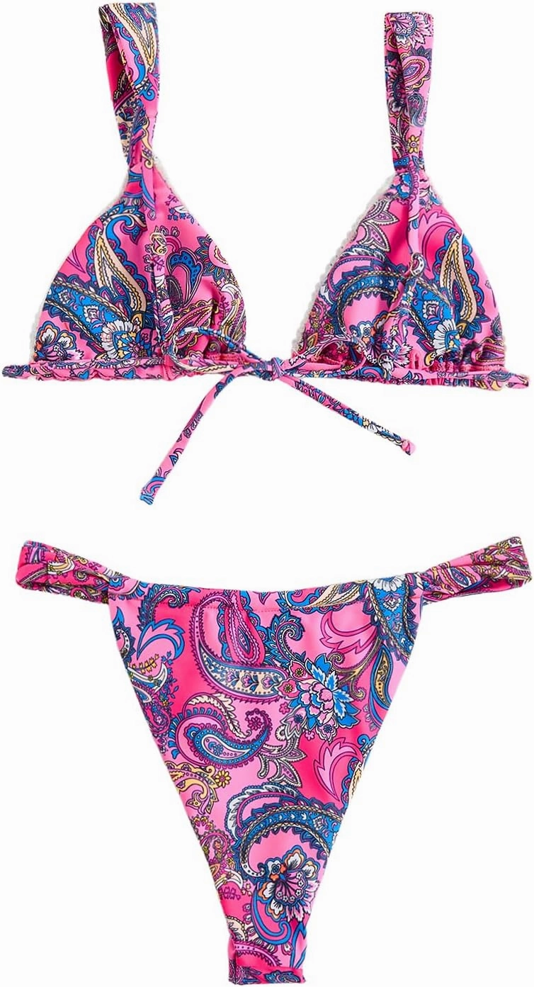 Women's High Waisted Bikini Set Floral Print Spaghetti Strap Smocked Wireless Bathing Suit Swimsuit 2 Piece Set
