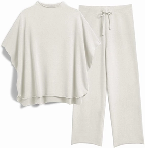 Women's Two Piece Outfits 3/4 Batwing Sleeve Capelet Crew Neck Pullover Top Wide Leg Pants Lounge Set