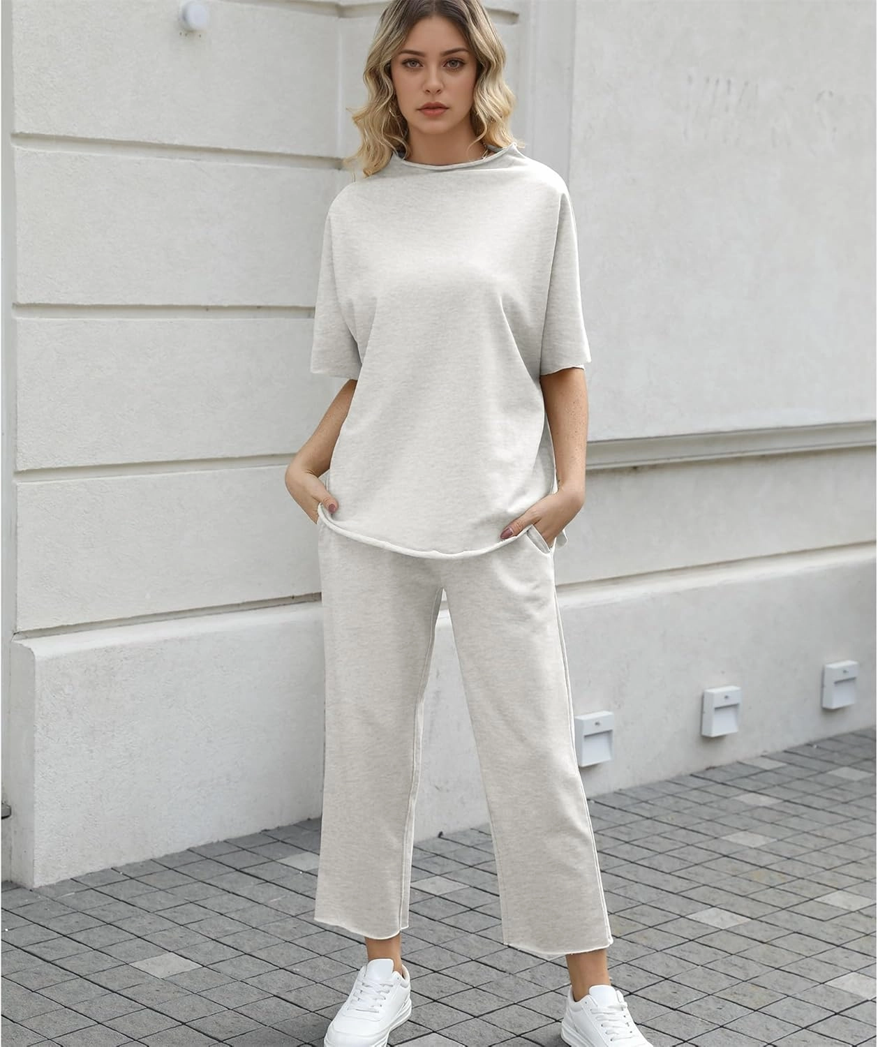 Women's Two Piece Outfits 3/4 Batwing Sleeve Capelet Crew Neck Pullover Top Wide Leg Pants Lounge Set