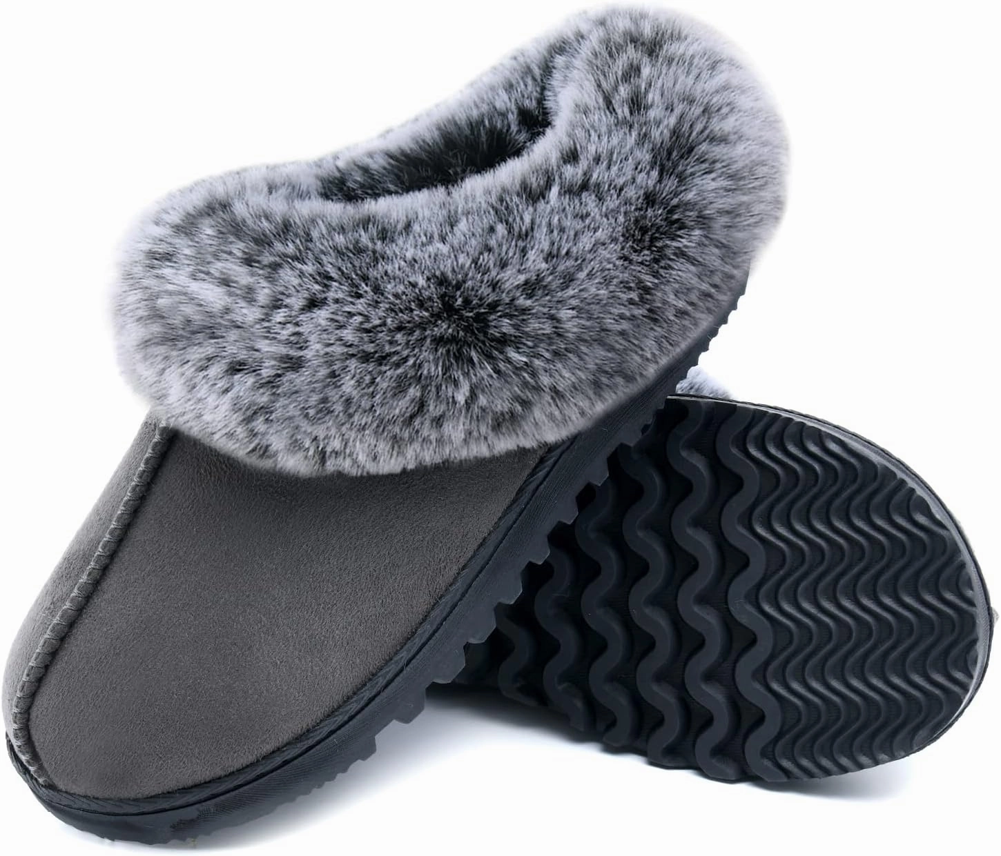 Womens Warm Memory Foam House Slippers, Cozy Winter Womens House Shoes Fuzzy Fur Collar, Indoor Outdoor Comfy Suede Bedroom Slippers with Non-Slip Rubber Sole