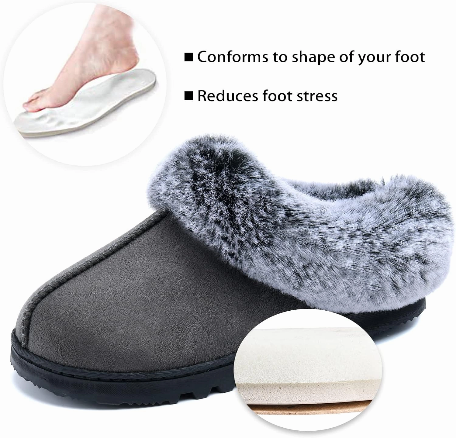 Womens Warm Memory Foam House Slippers, Cozy Winter Womens House Shoes Fuzzy Fur Collar, Indoor Outdoor Comfy Suede Bedroom Slippers with Non-Slip Rubber Sole