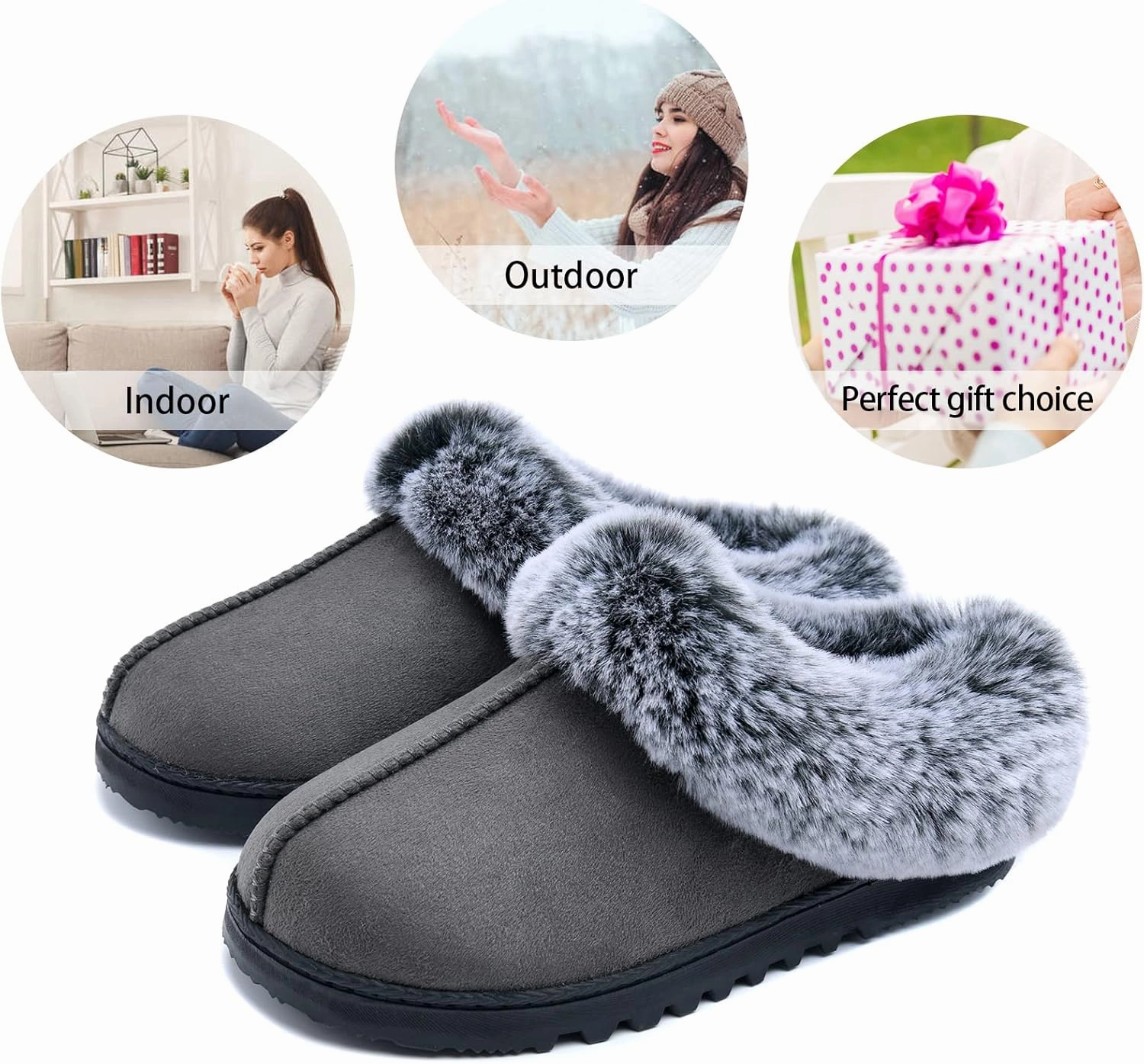 Womens Warm Memory Foam House Slippers, Cozy Winter Womens House Shoes Fuzzy Fur Collar, Indoor Outdoor Comfy Suede Bedroom Slippers with Non-Slip Rubber Sole