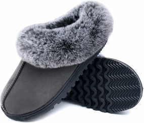 Womens Warm Memory Foam House Slippers, Cozy Winter Womens House Shoes Fuzzy Fur Collar, Indoor Outdoor Comfy Suede Bedroom Slippers with Non-Slip Rubber Sole