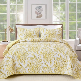WONGS BDEEING Quilt King Size, Yellow Quilt Bedding Set with 2 Pillowcases, Botanical Quilt for King Bed, Soft Microfiber Lightweight Coverlet Bedspread for All Season (110"×90", 3 Pieces)