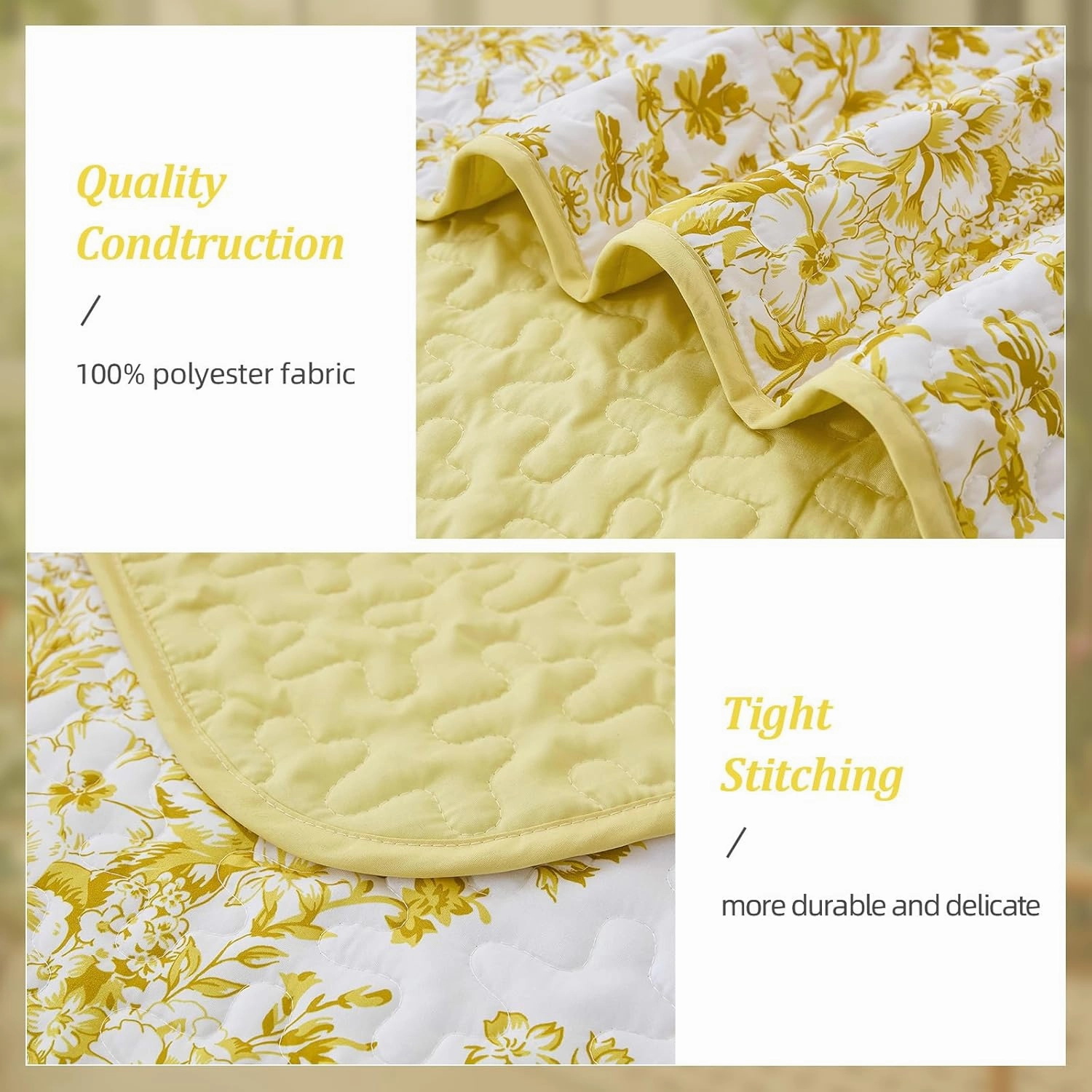 WONGS BDEEING Quilt King Size, Yellow Quilt Bedding Set with 2 Pillowcases, Botanical Quilt for King Bed, Soft Microfiber Lightweight Coverlet Bedspread for All Season (110"×90", 3 Pieces)
