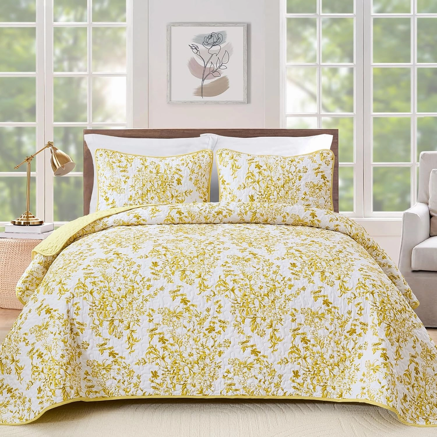 WONGS BDEEING Quilt King Size, Yellow Quilt Bedding Set with 2 Pillowcases, Botanical Quilt for King Bed, Soft Microfiber Lightweight Coverlet Bedspread for All Season (110"×90", 3 Pieces)