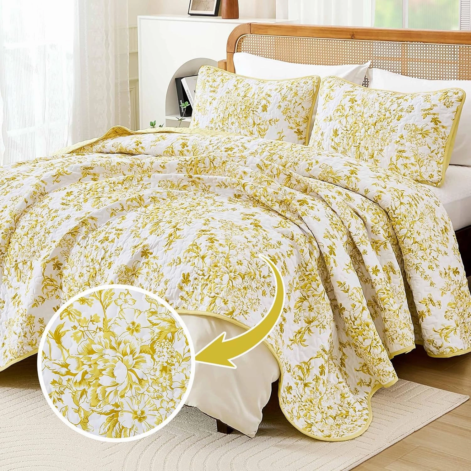 WONGS BDEEING Quilt King Size, Yellow Quilt Bedding Set with 2 Pillowcases, Botanical Quilt for King Bed, Soft Microfiber Lightweight Coverlet Bedspread for All Season (110"×90", 3 Pieces)