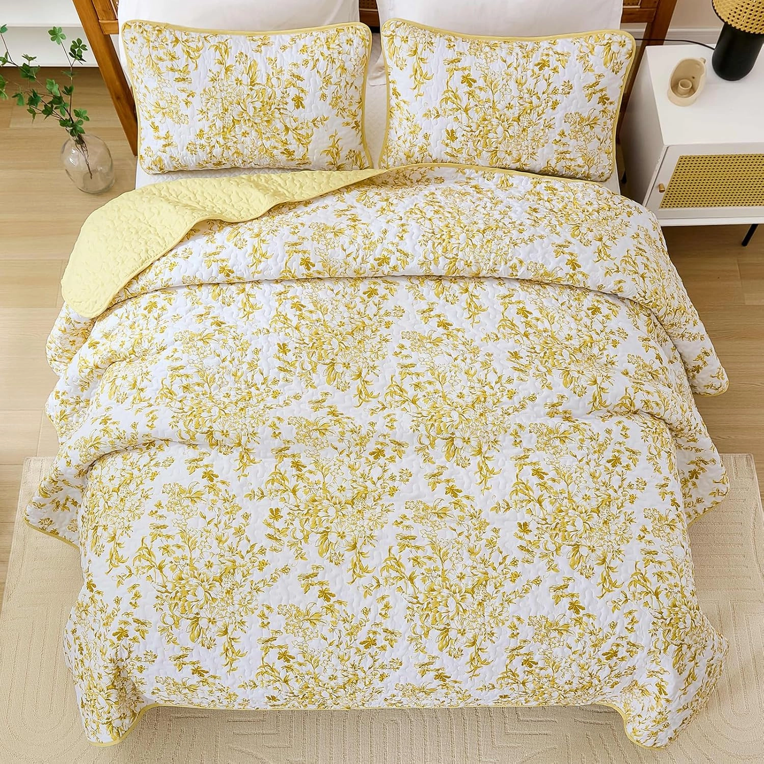 WONGS BDEEING Quilt King Size, Yellow Quilt Bedding Set with 2 Pillowcases, Botanical Quilt for King Bed, Soft Microfiber Lightweight Coverlet Bedspread for All Season (110"×90", 3 Pieces)