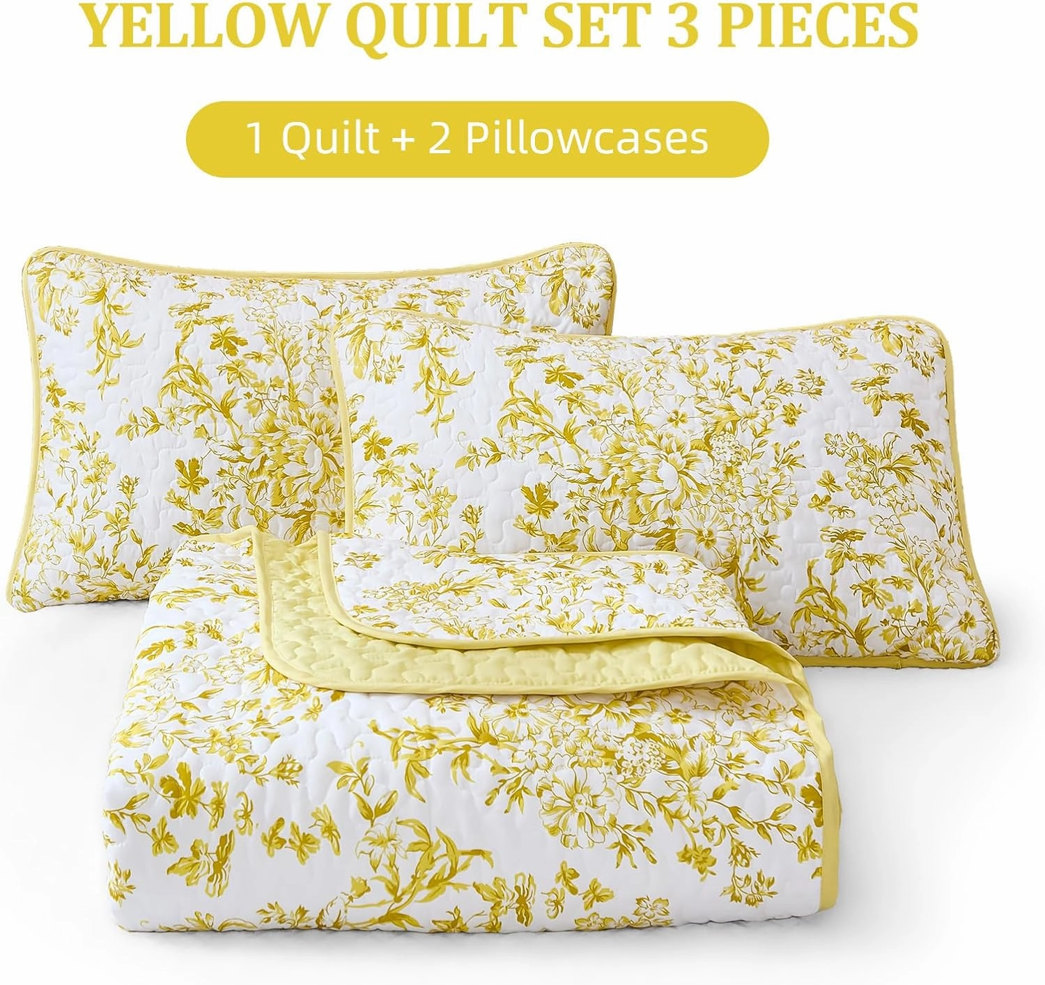 WONGS BDEEING Quilt King Size, Yellow Quilt Bedding Set with 2 Pillowcases, Botanical Quilt for King Bed, Soft Microfiber Lightweight Coverlet Bedspread for All Season (110"×90", 3 Pieces)
