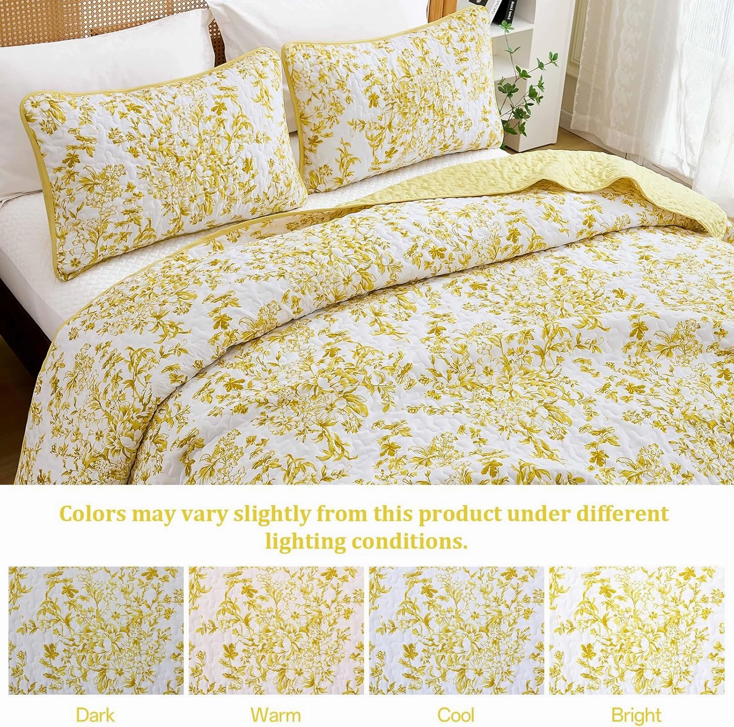 WONGS BDEEING Quilt King Size, Yellow Quilt Bedding Set with 2 Pillowcases, Botanical Quilt for King Bed, Soft Microfiber Lightweight Coverlet Bedspread for All Season (110"×90", 3 Pieces)