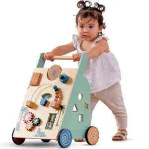 Wooden Activity Walker for Baby Boy & Girl - Push Behind Baby Walker with Wheels for Learning to Walk - Toddler Walking Montessori Toy - Standing Wood Walkers for Babies 18 Months 