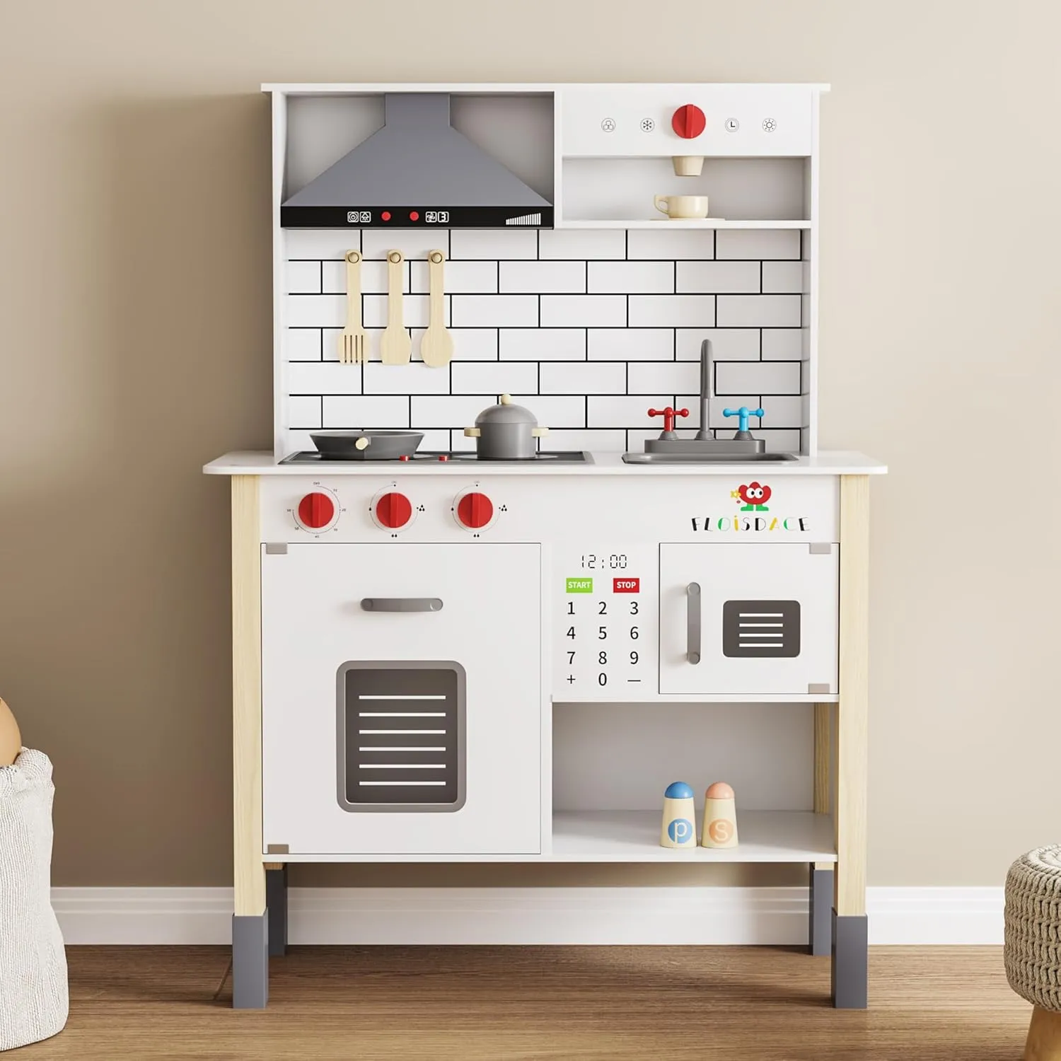Wooden Play Kitchen for Kids, Interactive Kitchen Playset with Microwave, Range Hood Lights & Sounds, Stove, Sink, and Accessories | Realistic Toy Kitchen for Boys & Girls Ages 3 