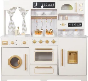 Wooden Play Kitchen Set with Ice Maker, Water Dispenser, Coffee Maker,Big Toddler Toy Kitchens Playset with Washing Machine,Sink with Running Water, Stove with Light&Sound,Gift for 3 boy Girl (White)