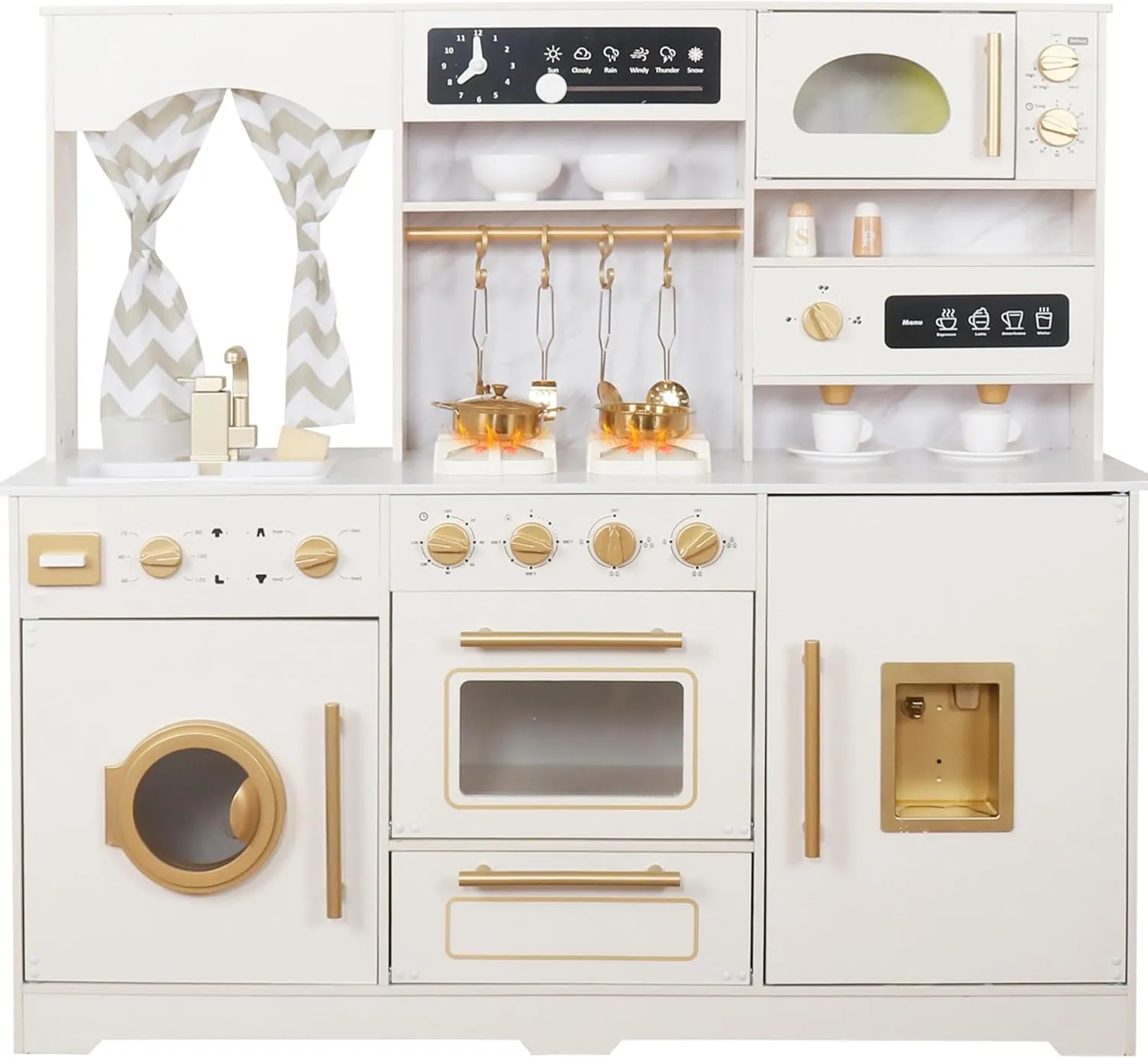 Wooden Play Kitchen Set with Ice Maker, Water Dispenser, Coffee Maker,Big Toddler Toy Kitchens Playset with Washing Machine,Sink with Running Water, Stove with Light&Sound,Gift for 3 boy Girl (White)