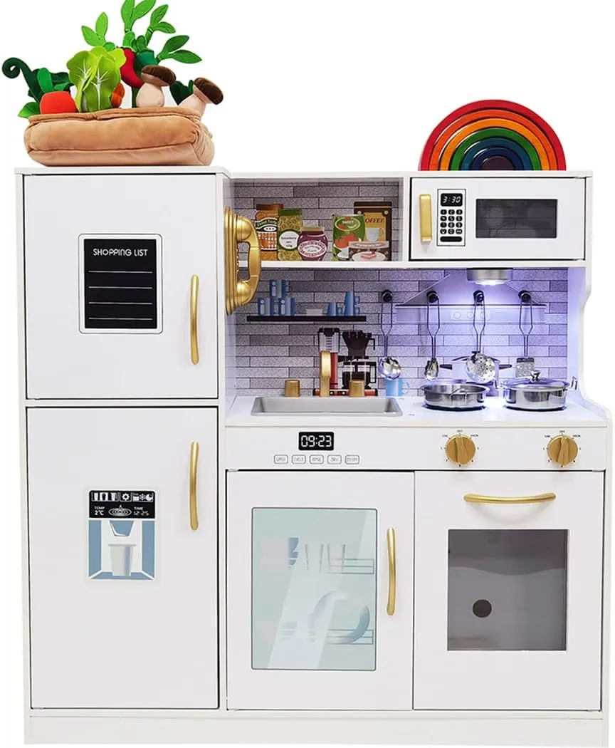 Wooden Play Kitchen Toy Set with Light, Kids Children Pretend Toy Kitchen Playset, Sink with Faucet, Oven, Microwave, Kitchenware Set Accessories for Ages 3-8 Girls Boys