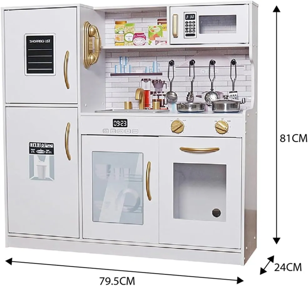 Wooden Play Kitchen Toy Set with Light, Kids Children Pretend Toy Kitchen Playset, Sink with Faucet, Oven, Microwave, Kitchenware Set Accessories for Ages 3-8 Girls Boys