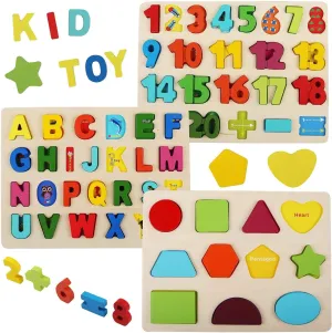 Wooden Puzzles for Toddlers, LENNYSTONE Wood Alphabet Number Shape Puzzles Kids Preschool Learning Toys for Boys Girls Ages 2 3 4 5 Year olds