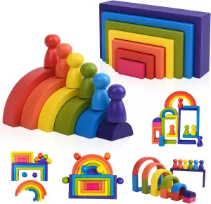 Wooden Toys Rainbow Stacking Blocks-Montessori Toys Building Blocks for Toddler Age3  Years Old Open Ended Preschool Activity Educational Toy Gifts for Boys Girls-19PCS