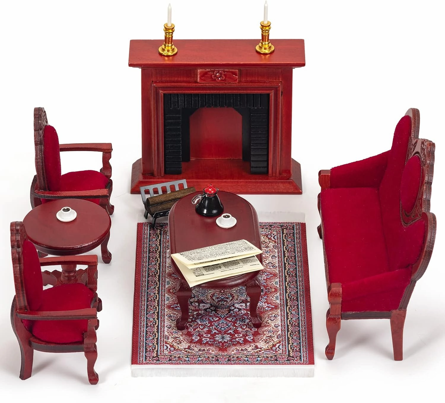 Wooden Dollhouse Furniture 1 12 Scale, Doll House Furniture Toys for Dollhouse Living Room Incl Classical Sofa Fireplace Coffee Table and Other Miniture House Furniture and Accessories