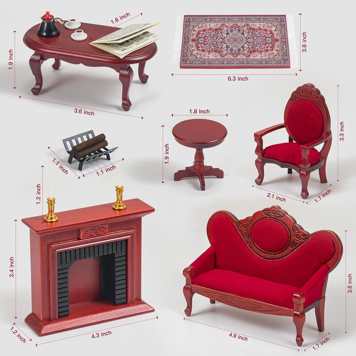Wooden Dollhouse Furniture 1 12 Scale, Doll House Furniture Toys for Dollhouse Living Room Incl Classical Sofa Fireplace Coffee Table and Other Miniture House Furniture and Accessories