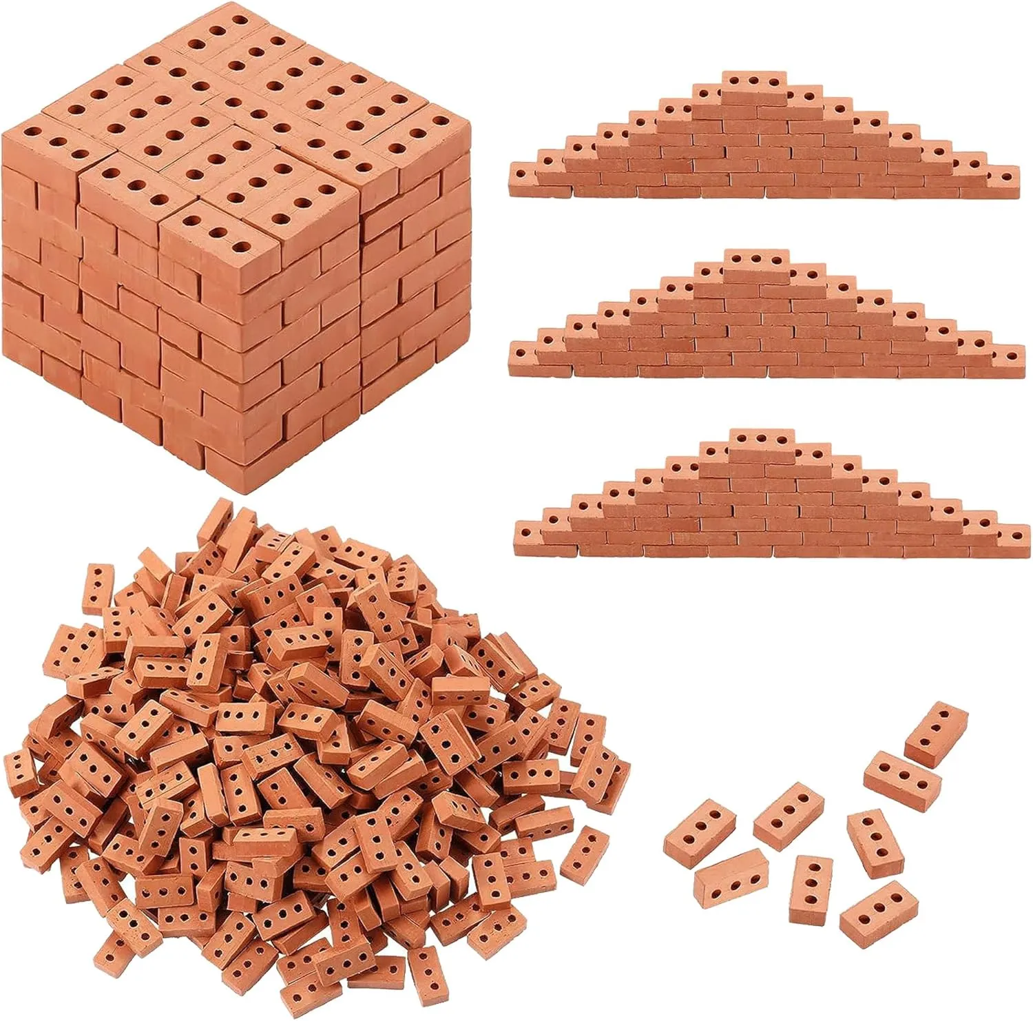 Woohome 300 PCS Mini Bricks Tiny Bricks for Landscaping Miniature Bricks Small Bricks for Crafts Realistic Fake Bricks Mini Blocks for Dollhouse Mini Garden Accessories (3 Holes Mini Red)
