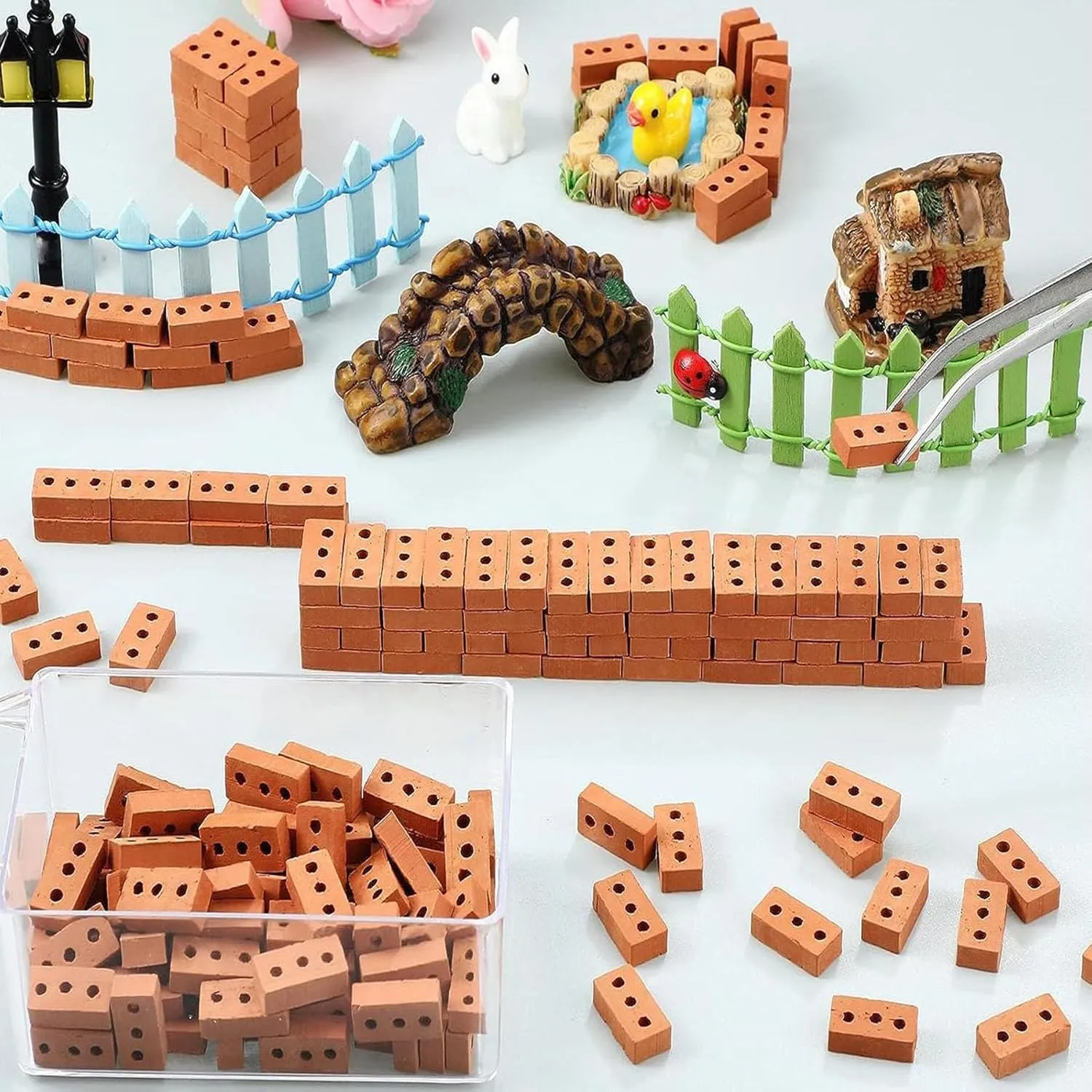 Woohome 300 PCS Mini Bricks Tiny Bricks for Landscaping Miniature Bricks Small Bricks for Crafts Realistic Fake Bricks Mini Blocks for Dollhouse Mini Garden Accessories (3 Holes Mini Red)