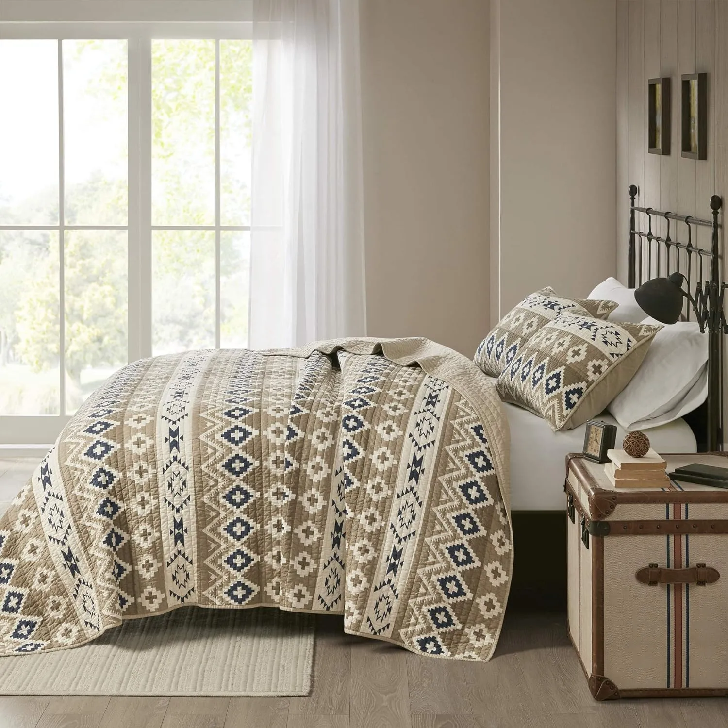 Woolrich Reversible Quilt Cabin Lifestyle Design - All Season, Breathable Coverlet Bedspread Bedding Set, Matching Shams, Oversized Full/Queen, Montana Tribal Tan 3 Piece