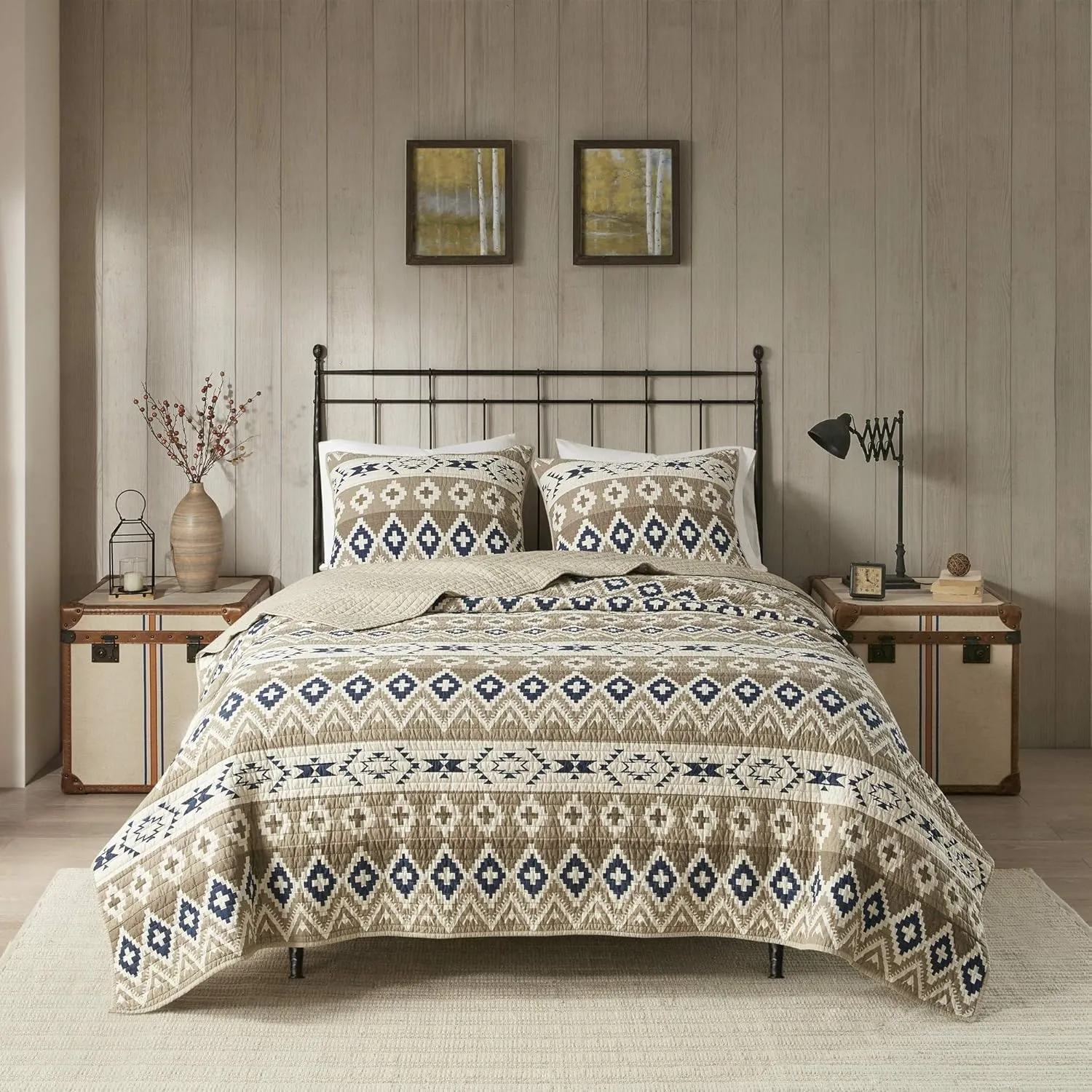 Woolrich Reversible Quilt Cabin Lifestyle Design - All Season, Breathable Coverlet Bedspread Bedding Set, Matching Shams, Oversized Full/Queen, Montana Tribal Tan 3 Piece